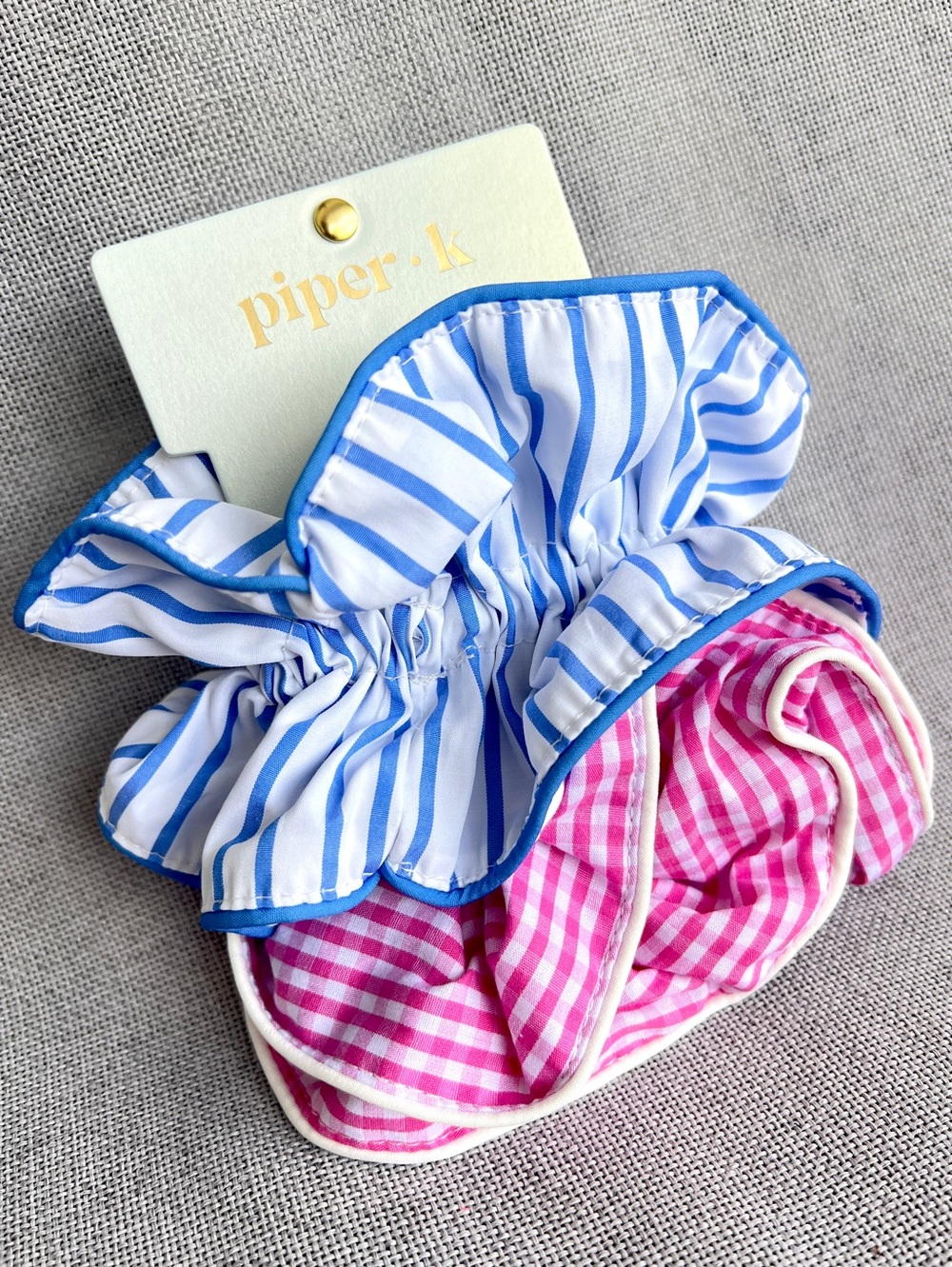 Piper K scrunchie set of 2 stripes checkers white blue pink NWT